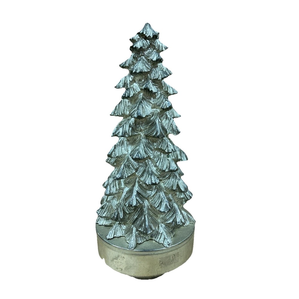 Silver Pewter Christmas Tree Wind Up Musical White Christmas Whimsical Music Box
